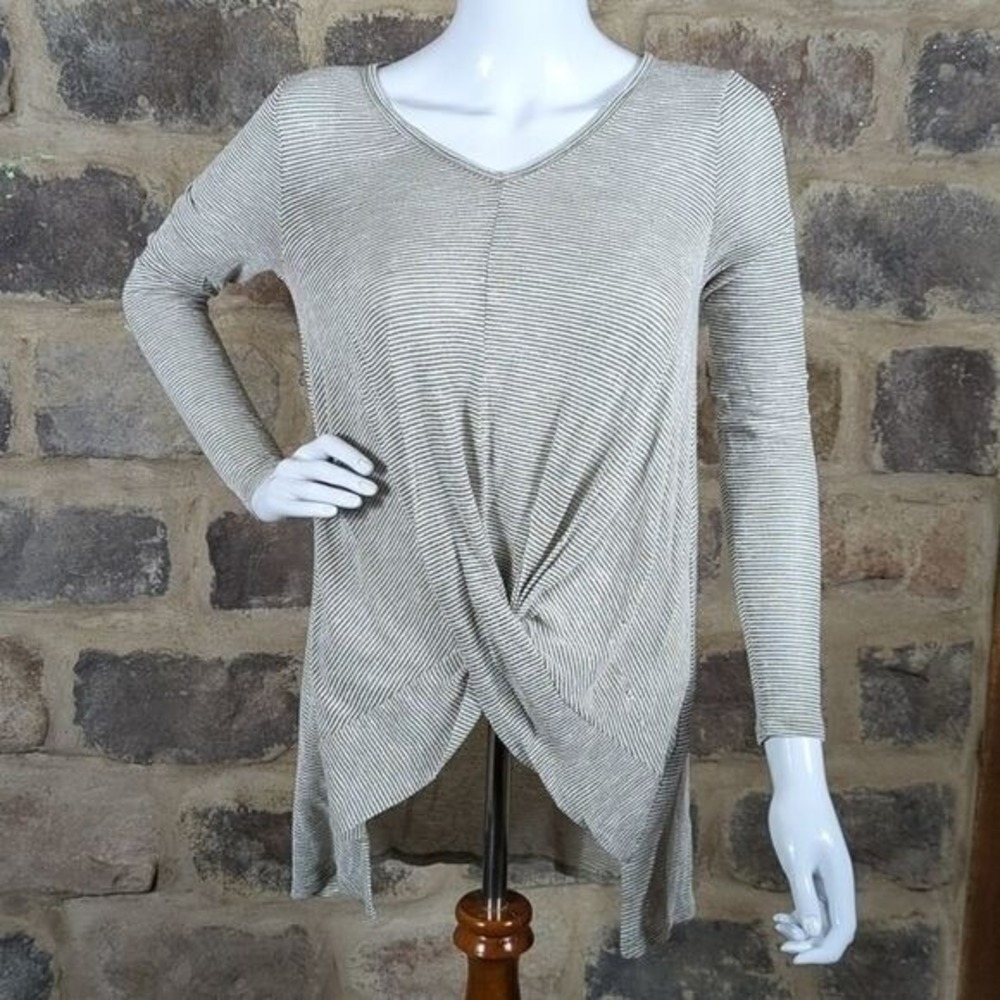 Altar'd State Sage Green Striped Twist Front‎ V-Neck Tunic Top Long Sleeve Small